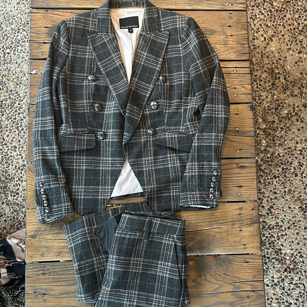 BANANA REPUBLIC Cadet Grey Check Wool Flannel Double Breasted Blazer